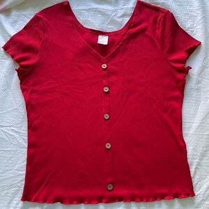 V-Neck Red Top with faux buttons & lettuce trim